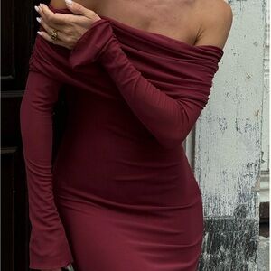 Meshki Off-Shoulder Long Sleeve Dress in Burgundy